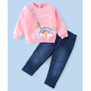 Babyhug 100% Cotton Knit Full Sleeves Top and Jegging Set Shooting Rainbow Embroidery - Pink & Blue, 18-24m