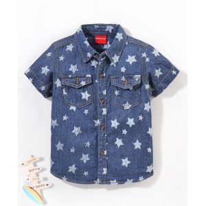Babyhug 100% Cotton Half Sleeve Washed Denim Two Pocket Shirt Stars Print - Blue, 12-18m