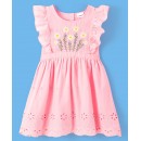 Babyhug 100% Cotton Half Sleeves Frock with Cotton Lining Schiffli & Floral Embroidery - Pink, 12-18m