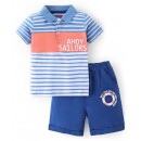 Babyhug 100% Cotton Knit Half Sleeves T-Shirt and Woven Shorts Set Stripes & Text Print - Pink & Blue, 9-12m
