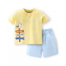 Babyhug 100% Cotton Knit Half Sleeves T-Shirt and Woven Shorts Set Stripes & Bird Print - Yellow & Light Blue, 18-24m