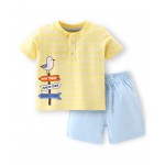 Babyhug 100% Cotton Knit Half Sleeves T-Shirt and Woven Shorts Set Stripes & Bird Print - Yellow & Light Blue, 4-5yr