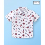 Babyhug 100% Cotton Knitted Half Sleeves Shirt Boat Print - White, 9-12m